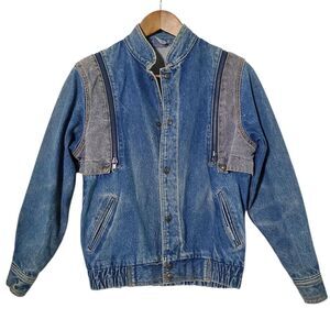 Vintage 90s Jordache Denim Bomber Jacket Size L Zippers Snap Button Womens